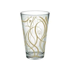 Vaso de vidrio decorado orgánico en tramas color oro, capacidad 350 ml.