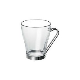 Taza de vidrio para café Debora 245 ml., cuerpo de vidrio asa de acero inoxidable